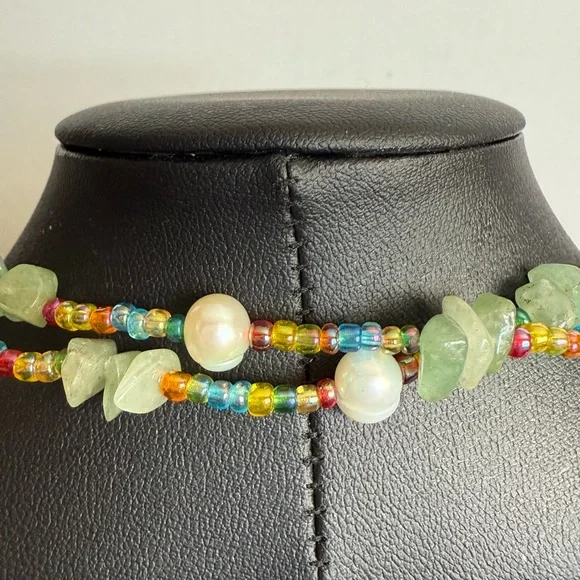 Multicolor and Pearl Boho Beachy Beaded Necklace with Green Accents - Picture 6 of 10